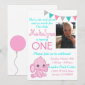 Roze olifant eerste uitnodiging voor geboorte (Voorkant / Achterkant)