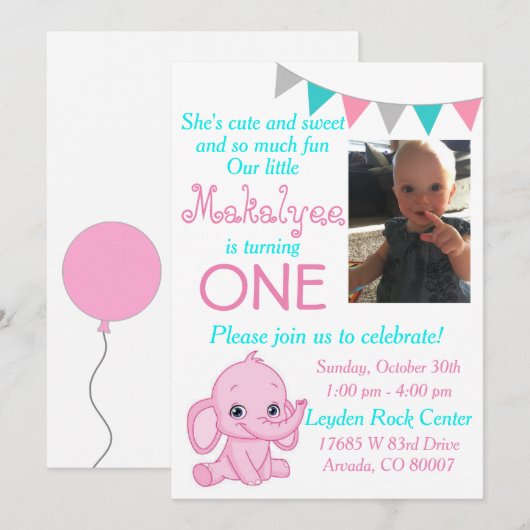 Roze olifant eerste uitnodiging voor geboorte (Voorkant / Achterkant)