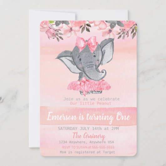 Roze olifant eerste verjaardag, Pinda meisjes Kaart (Voorkant)