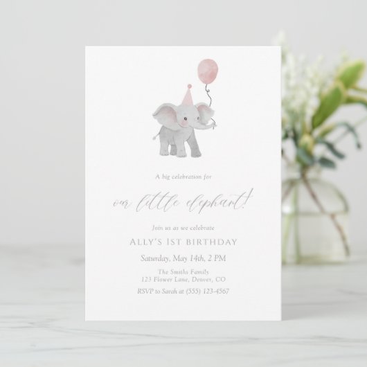 Roze Olifant Eerste Verjaardagsuitnodiging Aquarel Kaart (Staand voorkant)
