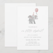 Roze Olifant Eerste Verjaardagsuitnodiging Aquarel Kaart (Voorkant / Achterkant)