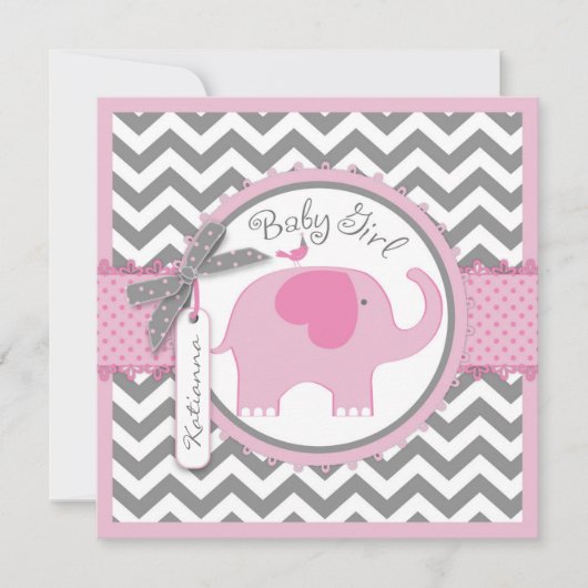 Roze olifant en Chevron Print Baby shower Kaart (Voorkant)