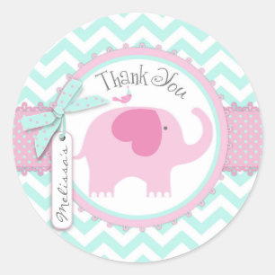 Roze Olifant en Chevron Print Baby shower Ronde Sticker