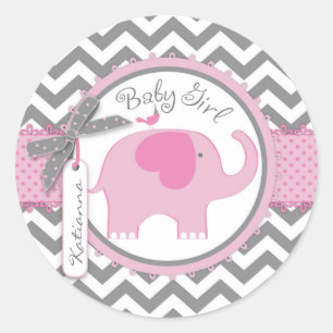 Roze Olifant en Chevron Print Baby shower Ronde Sticker