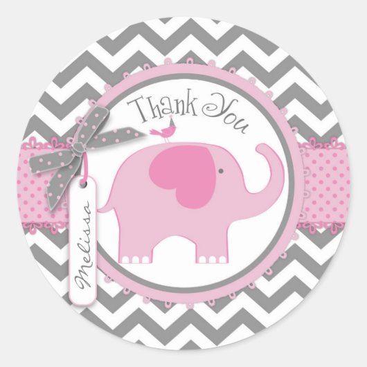 Roze Olifant en Chevron Print Dank u Ronde Sticker (Voorkant)