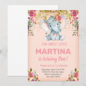 Roze olifant en een bloemen meisje wordt uitgenodi kaart (Voorkant / Achterkant)