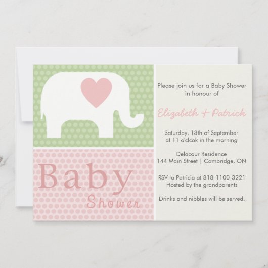 Roze olifant en hartenuitnodiging voor Baby shower Kaart (Voorkant)