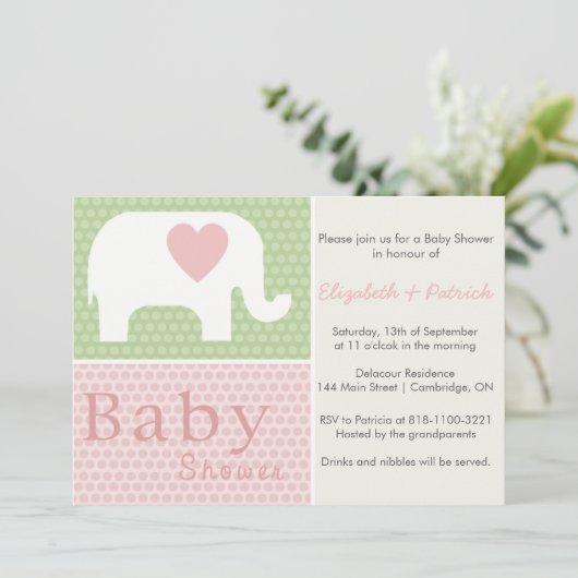 Roze olifant en hartenuitnodiging voor Baby shower Kaart (Staand voorkant)
