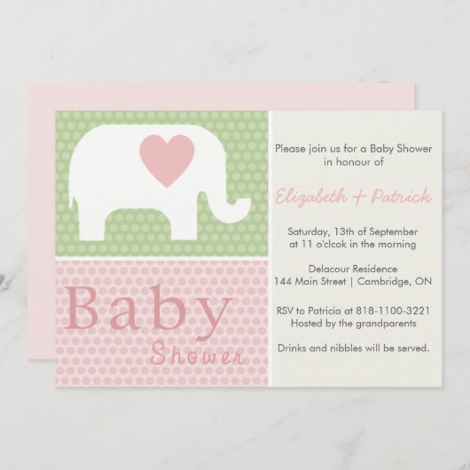 Roze olifant en hartenuitnodiging voor Baby shower Kaart (Voorkant / Achterkant)