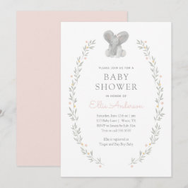 Roze olifant Floral Greenery Girl Baby shower Kaart