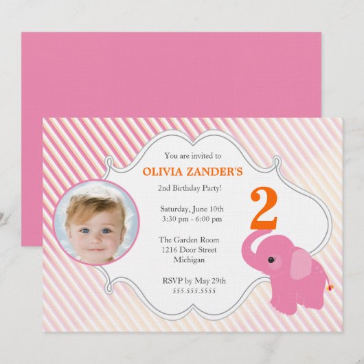 Roze olifant Foto Birthday Uitnodiging (Voorkant / Achterkant)