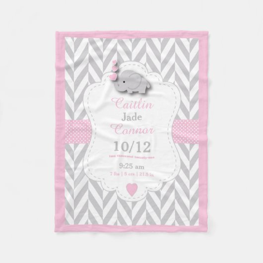 Roze Olifant Geboorte Keepsake Ontwerp Fleece Deken (Voorkant)