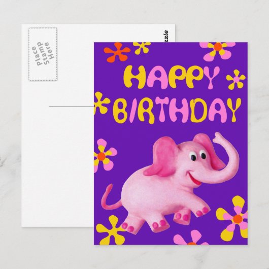 Roze olifant gelukkige verjaardag briefkaart (Voorkant / Achterkant)