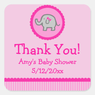 Roze Olifant Gepersonaliseerd Baby shower Favor Ta Vierkante Sticker