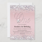 Roze olifant Glitter 1st Birthday Party Kaart (Voorkant)