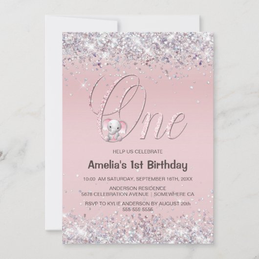 Roze olifant Glitter 1st Birthday Party Kaart (Voorkant)