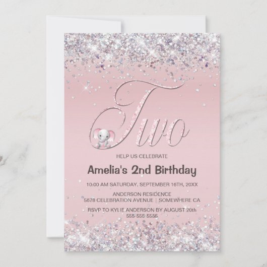 Roze olifant Glitter 2e verjaardag Kaart (Voorkant)