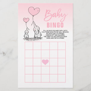 Roze Olifant Hart Meisje Baby Shower BINGO Kaarten