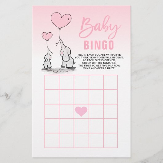 Roze Olifant Hart Meisje Baby Shower BINGO Kaarten (Voorkant)