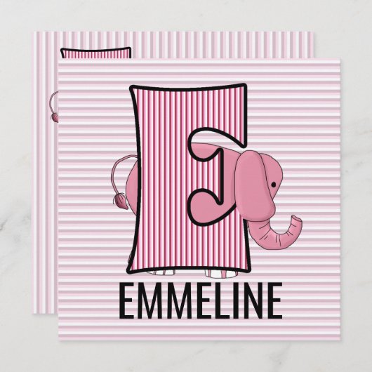 Roze olifant Letter E Monogramed Birthday Party Kaart (Voorkant / Achterkant)
