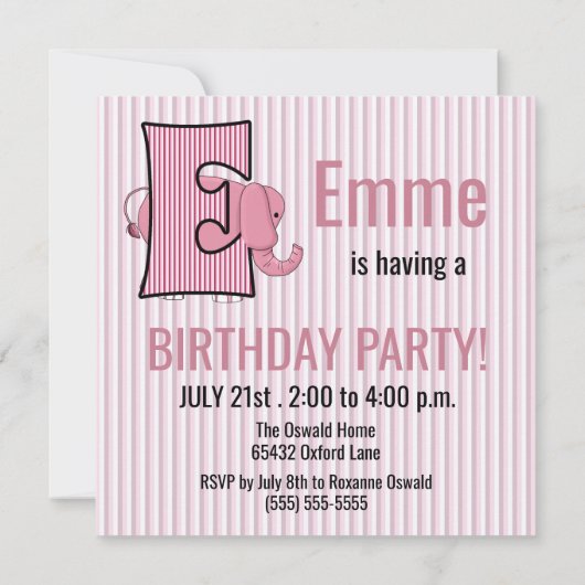 Roze olifant Letter E Monogramed Birthday Party Kaart (Achterkant)