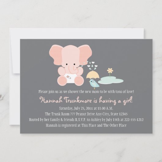 Roze olifant Little Bird Baby shower Invitation Kaart (Voorkant)