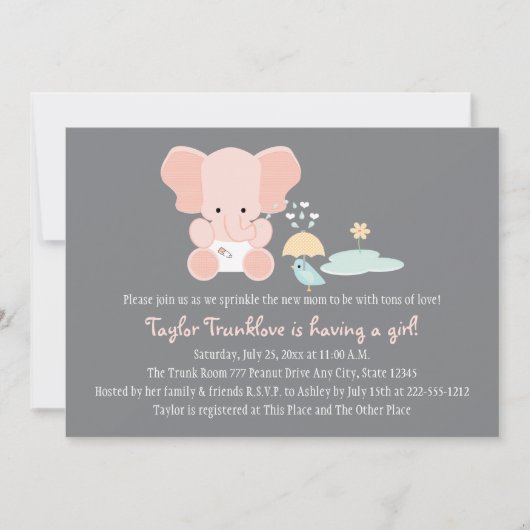 Roze olifant Little Bird Baby Sprinkle Invitation Kaart (Voorkant)