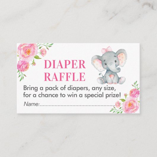 Roze Olifant Luier Raffle Ticket Meisje Douche Informatiekaartje (Voorkant)