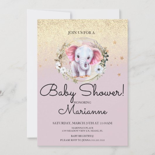Roze Olifant Meisje Baby Shower Nep Goud Glitter  Kaart (Voorkant)