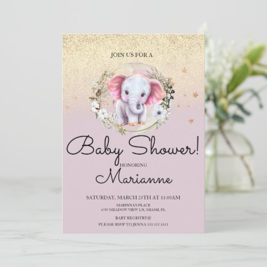 Roze Olifant Meisje Baby Shower Nep Goud Glitter  Kaart (Staand voorkant)