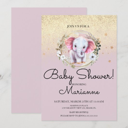 Roze Olifant Meisje Baby Shower Nep Goud Glitter  Kaart (Voorkant / Achterkant)