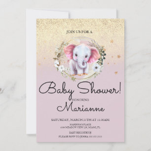 Roze Olifant Meisje Baby Shower Nep Goud Glitter Kaart