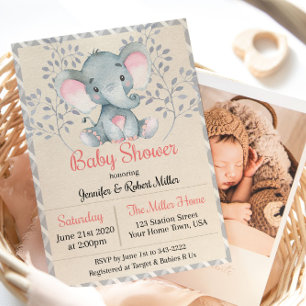 Roze Olifant Meisje Baby Shower Uitnodiging