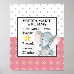 Roze olifant meisje Birthday Stats gepersonaliseer Poster