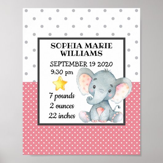 Roze olifant meisje Birthday Stats gepersonaliseer Poster (Voorkant)