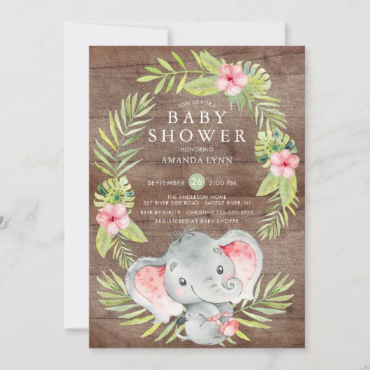 Roze Olifant Meisje Rustiek Baby shower Invitation Kaart (Voorkant)