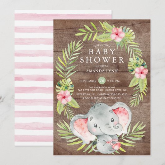 Roze Olifant Meisje Rustiek Baby shower Invitation Kaart (Voorkant / Achterkant)