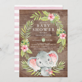 Roze Olifant Meisje Rustiek Baby shower Invitation Kaart