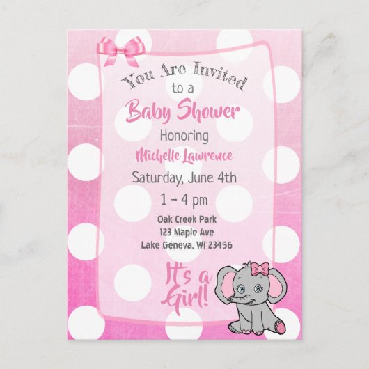 Roze Olifant Meisje's Baby shower Invite Briefkaart (Voorkant)