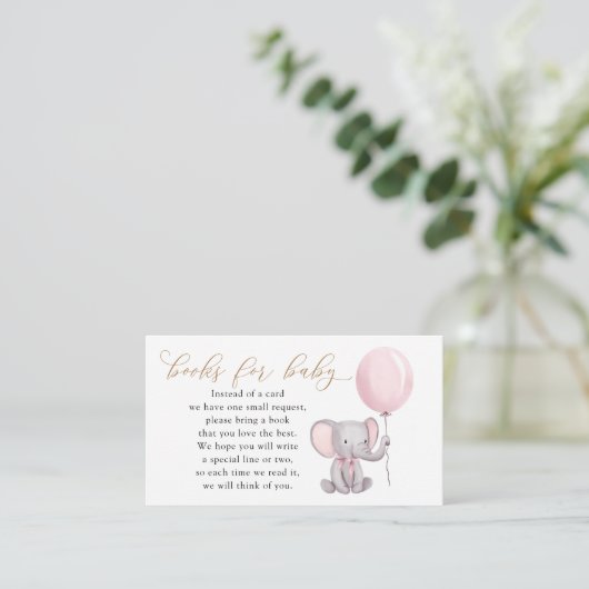 Roze olifant met ballonboeken voor Baby Informatiekaartje (Staand voorkant)