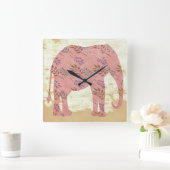 Roze olifant met bladeren vierkante klok (Huis)