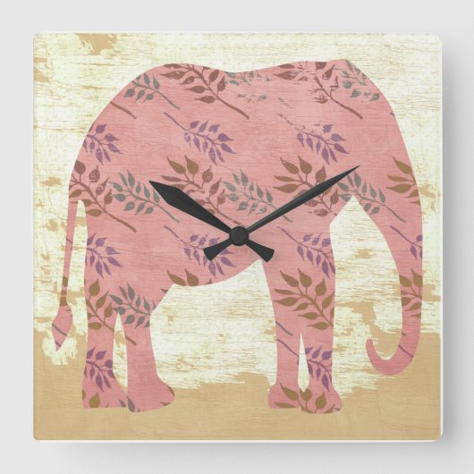 Roze olifant met bladeren vierkante klok (Voorkant)