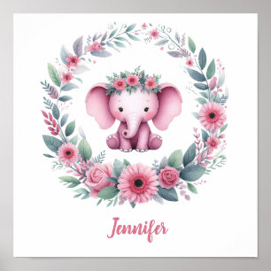 Roze olifant met bloemenkrans poster