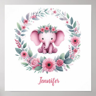 Roze olifant met bloemenkrans poster