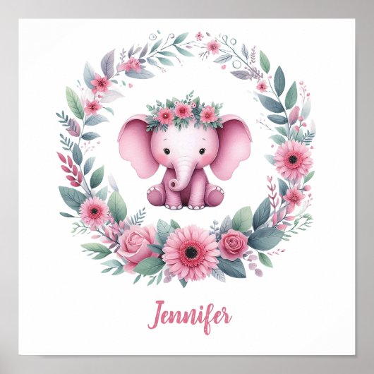 Roze Olifant met Bloemenkrans Poster (Voorkant)