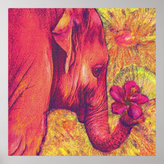 roze olifant met hibiscus poster (Voorkant)