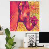 roze olifant met hibiscus poster (Thuiskantoor)