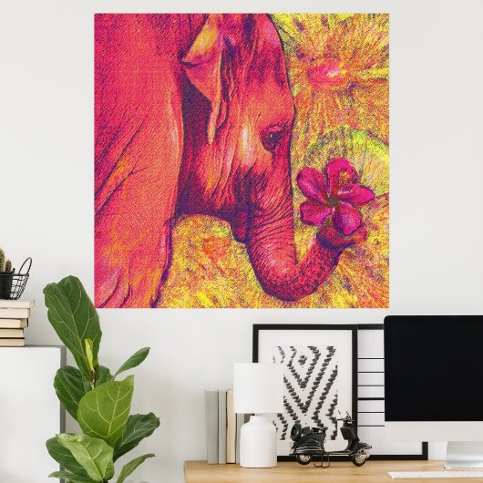 roze olifant met hibiscus poster (Thuiskantoor)