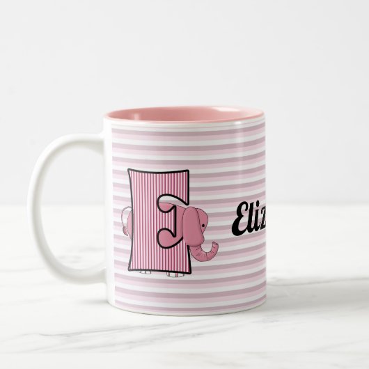 Roze olifant Monogrammed E Kind Tweekleurige Koffiemok (Links)
