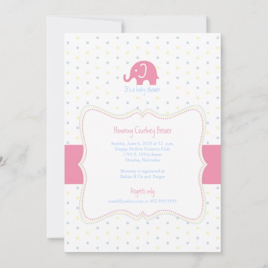Roze olifant Multicolor Polkadot Baby shower Invi Kaart (Voorkant)